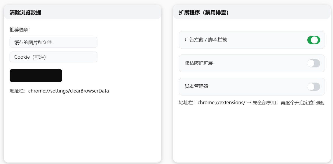 Chrome 清除缓存并禁用拦截扩展的步骤示意